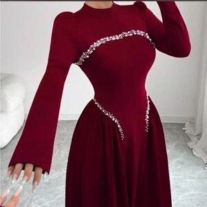 SHEIN Abaya Burgundy Long Sleeve Rhinestone Embellished Maxi Dress